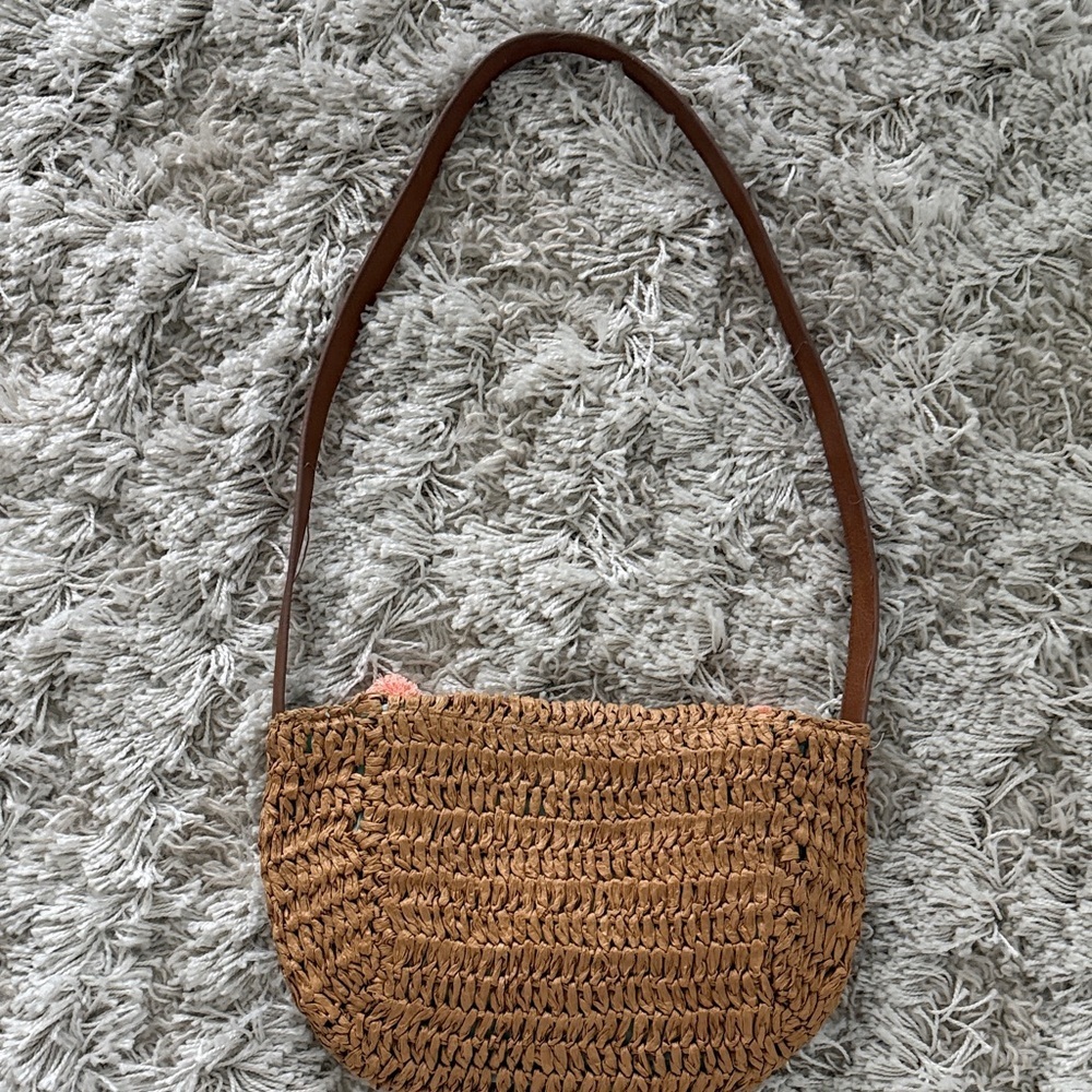 Seafolly Straw Purse Shoulder Bag Pom Pom Brown Pink Beach Summer Vacation - Picture 4 of 5
